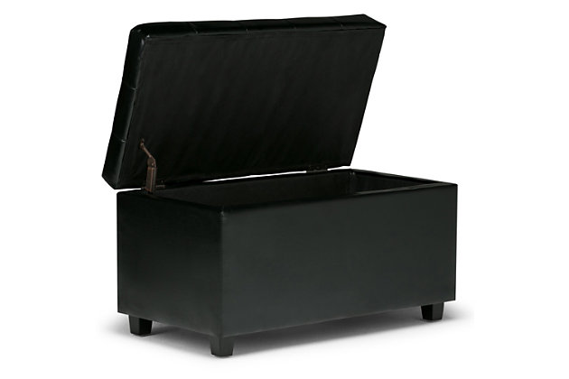 Why sacrifice function for beauty. When you are looking for a tasteful, well-made storage solution and extra seating, look no further than this storage ottoman. Made from durable faux leather, it’s extra strong and sturdy with a button tufted exterior and a large storage interior. Whether you are using it as an eating surface, a storage unit or just to put your feet up, this ottoman is a pretty and practical piece of furniture.DIMENSIONS:  17.3" D x 33.5" W x 18.5" H | Hand constructed using solid wood, engineered wood and high density foam | Upholstered with a durable Midnight Black Faux Leather | Features large interior storage space with child safety hinge to prevent lid slamming | Multi-functional ottoman can be used in bedroom, living room, family room, hallway as an entryway bench, foot stool, accent furniture or provide additional sitting | Transitional design includes tufted top and stitching detail | Simple assembly; just attach legs | We believe in creating excellent, high quality products made from the finest materials at an affordable price. Every one of our products come with a 1-year warranty and easy returns if you are not satisfied.