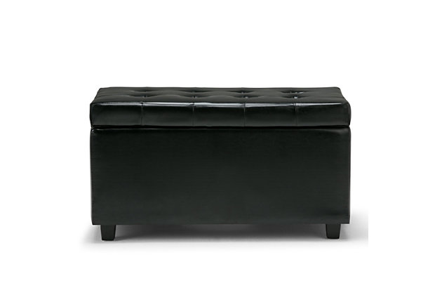 Why sacrifice function for beauty. When you are looking for a tasteful, well-made storage solution and extra seating, look no further than this storage ottoman. Made from durable faux leather, it’s extra strong and sturdy with a button tufted exterior and a large storage interior. Whether you are using it as an eating surface, a storage unit or just to put your feet up, this ottoman is a pretty and practical piece of furniture.DIMENSIONS:  17.3" D x 33.5" W x 18.5" H | Hand constructed using solid wood, engineered wood and high density foam | Upholstered with a durable Midnight Black Faux Leather | Features large interior storage space with child safety hinge to prevent lid slamming | Multi-functional ottoman can be used in bedroom, living room, family room, hallway as an entryway bench, foot stool, accent furniture or provide additional sitting | Transitional design includes tufted top and stitching detail | Simple assembly; just attach legs | We believe in creating excellent, high quality products made from the finest materials at an affordable price. Every one of our products come with a 1-year warranty and easy returns if you are not satisfied.