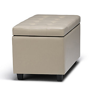 Why sacrifice function for beauty. When you are looking for a tasteful, well-made storage solution and extra seating, look no further than this storage ottoman. Made from durable faux leather, it’s extra strong and sturdy with a button tufted exterior and a large storage interior. Whether you are using it as an eating surface, a storage unit or just to put your feet up, this ottoman is a pretty and practical piece of furniture.DIMENSIONS:  17.3" D x 33.5" W x 18.5" H | Hand constructed using solid wood, engineered wood and high density foam | Upholstered with a durable Satin Cream Faux Leather | Features large interior storage space with child safety hinge to prevent lid slamming | Multi-functional ottoman can be used in bedroom, living room, family room, hallway as an entryway bench, foot stool, accent furniture or provide additional sitting | Transitional design includes tufted top and stitching detail | Simple assembly; just attach legs | We believe in creating excellent, high quality products made from the finest materials at an affordable price. Every one of our products come with a 1-year warranty and easy returns if you are not satisfied.