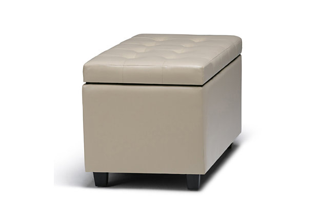 Why sacrifice function for beauty. When you are looking for a tasteful, well-made storage solution and extra seating, look no further than this storage ottoman. Made from durable faux leather, it’s extra strong and sturdy with a button tufted exterior and a large storage interior. Whether you are using it as an eating surface, a storage unit or just to put your feet up, this ottoman is a pretty and practical piece of furniture.DIMENSIONS:  17.3" D x 33.5" W x 18.5" H | Hand constructed using solid wood, engineered wood and high density foam | Upholstered with a durable Satin Cream Faux Leather | Features large interior storage space with child safety hinge to prevent lid slamming | Multi-functional ottoman can be used in bedroom, living room, family room, hallway as an entryway bench, foot stool, accent furniture or provide additional sitting | Transitional design includes tufted top and stitching detail | Simple assembly; just attach legs | We believe in creating excellent, high quality products made from the finest materials at an affordable price. Every one of our products come with a 1-year warranty and easy returns if you are not satisfied.