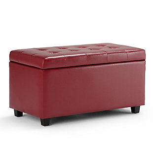 Why sacrifice function for beauty. When you are looking for a tasteful, well-made storage solution and extra seating, look no further than this storage ottoman. Made from durable faux leather, it’s extra strong and sturdy with a button tufted exterior and a large storage interior. Whether you are using it as an eating surface, a storage unit or just to put your feet up, this ottoman is a pretty and practical piece of furniture.DIMENSIONS:  17.3" D x 33.5" W x 18.5" H | Hand constructed using solid wood, engineered wood and high density foam | Upholstered with a durable Red Faux Air Leather | Features large interior storage space with child safety hinge to prevent lid slamming | Multi-functional ottoman can be used in bedroom, living room, family room, hallway as an entryway bench, foot stool, accent furniture or provide additional sitting | Transitional design includes tufted top and stitching detail | Simple assembly; just attach legs | We believe in creating excellent, high quality products made from the finest materials at an affordable price. Every one of our products come with a 1-year warranty and easy returns if you are not satisfied.