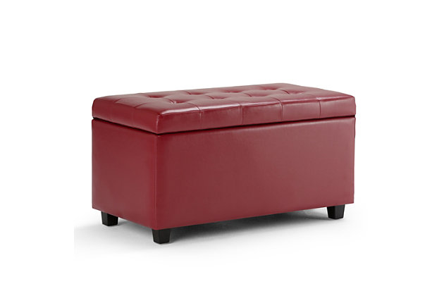 Why sacrifice function for beauty. When you are looking for a tasteful, well-made storage solution and extra seating, look no further than this storage ottoman. Made from durable faux leather, it’s extra strong and sturdy with a button tufted exterior and a large storage interior. Whether you are using it as an eating surface, a storage unit or just to put your feet up, this ottoman is a pretty and practical piece of furniture.DIMENSIONS:  17.3" D x 33.5" W x 18.5" H | Hand constructed using solid wood, engineered wood and high density foam | Upholstered with a durable Red Faux Air Leather | Features large interior storage space with child safety hinge to prevent lid slamming | Multi-functional ottoman can be used in bedroom, living room, family room, hallway as an entryway bench, foot stool, accent furniture or provide additional sitting | Transitional design includes tufted top and stitching detail | Simple assembly; just attach legs | We believe in creating excellent, high quality products made from the finest materials at an affordable price. Every one of our products come with a 1-year warranty and easy returns if you are not satisfied.