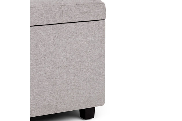 Why sacrifice function for beauty. When you are looking for a tasteful, well-made storage solution and extra seating, look no further than this storage ottoman. Covered in faux linen upholstery, it’s extra strong and sturdy with a button tufted exterior and a large storage interior. Whether you are using it as an eating surface, a storage unit or just to put your feet up, this ottoman is a pretty and practical piece of furniture.DIMENSIONS:  17.3" D x 33.5" W x 18.5" H | Hand constructed using solid wood, engineered wood and high density foam | Upholstered with a durable Cloud Grey Linen Look Fabric | Features large interior storage space with child safety hinge to prevent lid slamming | Multi-functional ottoman can be used in bedroom, living room, family room, hallway as an entryway bench, foot stool, accent furniture or provide additional sitting | Transitional design includes tufted top and stitching detail | Simple assembly; just attach legs | We believe in creating excellent, high quality products made from the finest materials at an affordable price. Every one of our products come with a 1-year warranty and easy returns if you are not satisfied.