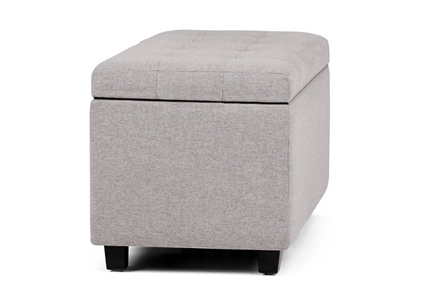 Why sacrifice function for beauty. When you are looking for a tasteful, well-made storage solution and extra seating, look no further than this storage ottoman. Covered in faux linen upholstery, it’s extra strong and sturdy with a button tufted exterior and a large storage interior. Whether you are using it as an eating surface, a storage unit or just to put your feet up, this ottoman is a pretty and practical piece of furniture.DIMENSIONS:  17.3" D x 33.5" W x 18.5" H | Hand constructed using solid wood, engineered wood and high density foam | Upholstered with a durable Cloud Grey Linen Look Fabric | Features large interior storage space with child safety hinge to prevent lid slamming | Multi-functional ottoman can be used in bedroom, living room, family room, hallway as an entryway bench, foot stool, accent furniture or provide additional sitting | Transitional design includes tufted top and stitching detail | Simple assembly; just attach legs | We believe in creating excellent, high quality products made from the finest materials at an affordable price. Every one of our products come with a 1-year warranty and easy returns if you are not satisfied.
