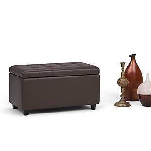 Why sacrifice function for beauty. When you are looking for a tasteful, well-made storage solution and extra seating, look no further than this storage ottoman. Made from durable faux leather, it’s extra strong and sturdy with a button tufted exterior and a large storage interior. Whether you are using it as an eating surface, a storage unit or just to put your feet up, this ottoman is a pretty and practical piece of furniture.DIMENSIONS:  17.3" D x 33.5" W x 18.5" H | Hand constructed using solid wood, engineered wood and high density foam | Upholstered with a durable Chocolate Brown Faux Leather | Features large interior storage space with child safety hinge to prevent lid slamming | Multi-functional ottoman can be used in bedroom, living room, family room, hallway as an entryway bench, foot stool, accent furniture or provide additional sitting | Transitional design includes tufted top and stitching detail | Simple assembly; just attach legs | We believe in creating excellent, high quality products made from the finest materials at an affordable price. Every one of our products come with a 1-year warranty and easy returns if you are not satisfied.