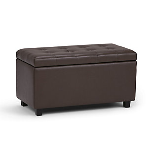Why sacrifice function for beauty. When you are looking for a tasteful, well-made storage solution and extra seating, look no further than this storage ottoman. Made from durable faux leather, it’s extra strong and sturdy with a button tufted exterior and a large storage interior. Whether you are using it as an eating surface, a storage unit or just to put your feet up, this ottoman is a pretty and practical piece of furniture.DIMENSIONS:  17.3" D x 33.5" W x 18.5" H | Hand constructed using solid wood, engineered wood and high density foam | Upholstered with a durable Chocolate Brown Faux Leather | Features large interior storage space with child safety hinge to prevent lid slamming | Multi-functional ottoman can be used in bedroom, living room, family room, hallway as an entryway bench, foot stool, accent furniture or provide additional sitting | Transitional design includes tufted top and stitching detail | Simple assembly; just attach legs | We believe in creating excellent, high quality products made from the finest materials at an affordable price. Every one of our products come with a 1-year warranty and easy returns if you are not satisfied.