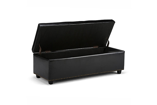 Why sacrifice function for beauty. When you are looking for a tasteful, well-made storage solution and extra seating, look no further than this storage ottoman. Made from durable bonded leather, it’s extra strong and sturdy with a button tufted exterior and a large storage interior. Whether you are using it as an eating surface, a storage unit or just to put your feet up, this ottoman is a pretty and practical piece of furniture.DIMENSIONS: 17.7" d x 48" w x 16" h | Hand constructed using solid wood, engineered wood and high density foam | Upholstered with a durable Midnight Black Faux Leather | Features large interior storage space with child safety hinge to prevent lid slamming | Multi-functional ottoman can be used in bedroom, living room, family room, hallway as an entryway bench, foot stool, accent furniture or provide additional sitting | Transitional design includes tufted diamond detail and nail head trim | Simple assembly; just attach legs | We believe in creating excellent, high quality products made from the finest materials at an affordable price. Every one of our products come with a 1-year warranty and easy returns if you are not satisfied.