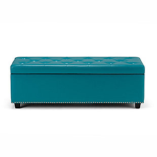 Why sacrifice function for beauty. When you are looking for a tasteful, well-made storage solution and extra seating, look no further than this storage ottoman. Made from durable bonded leather, it’s extra strong and sturdy with a button tufted exterior and a large storage interior. Whether you are using it as an eating surface, a storage unit or just to put your feet up, this ottoman is a pretty and practical piece of furniture.DIMENSIONS: 17.7" d x 48" w x 16" h | Hand constructed using solid wood, engineered wood and high density foam | Upholstered with a durable Mediterranean Blue Faux Leather | Features large interior storage space with child safety hinge to prevent lid slamming | Multi-functional ottoman can be used in bedroom, living room, family room, hallway as an entryway bench, foot stool, accent furniture or provide additional sitting | Transitional design includes tufted diamond detail and nail head trim | Simple assembly; just attach legs | We believe in creating excellent, high quality products made from the finest materials at an affordable price. Every one of our products come with a 1-year warranty and easy returns if you are not satisfied.