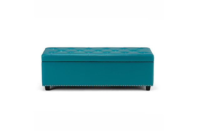 Why sacrifice function for beauty. When you are loo for a tasteful, well-made storage solution and extra seating, look no further than this storage ottoman. Made from durable bonded leather, it’s extra strong and sturdy with a button tufted exterior and a storage interior. Whether you are using it as an eating surface, a storage unit or just to put your feet up, this ottoman is a pretty and practical piece of furniture.DIMENSIONS: 17.7" d x 48" w x 16" h | Hand constructed using solid wood, engineered wood and high density foam | Upholstered with a durable Mediterranean Blue Faux Leather | Features interior storage space with child safety hinge to prevent lid slamming | Multi-functional ottoman can be used in bedroom, living room, family room, hallway as an entryway bench, foot stool, accent furniture or provide additional sitting | Transitional design includes tufted diamond detail and nail head trim | Simple assembly; just attach legs | We believe in creating excellent, high quality products made from the finest materials at an affordable price. Every one of our products come with a 1-year warranty and easy returns if you are not satisfied.