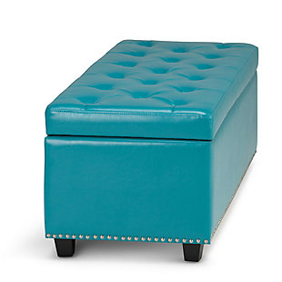 Why sacrifice function for beauty. When you are looking for a tasteful, well-made storage solution and extra seating, look no further than this storage ottoman. Made from durable bonded leather, it’s extra strong and sturdy with a button tufted exterior and a large storage interior. Whether you are using it as an eating surface, a storage unit or just to put your feet up, this ottoman is a pretty and practical piece of furniture.DIMENSIONS: 17.7" d x 48" w x 16" h | Hand constructed using solid wood, engineered wood and high density foam | Upholstered with a durable Mediterranean Blue Faux Leather | Features large interior storage space with child safety hinge to prevent lid slamming | Multi-functional ottoman can be used in bedroom, living room, family room, hallway as an entryway bench, foot stool, accent furniture or provide additional sitting | Transitional design includes tufted diamond detail and nail head trim | Simple assembly; just attach legs | We believe in creating excellent, high quality products made from the finest materials at an affordable price. Every one of our products come with a 1-year warranty and easy returns if you are not satisfied.