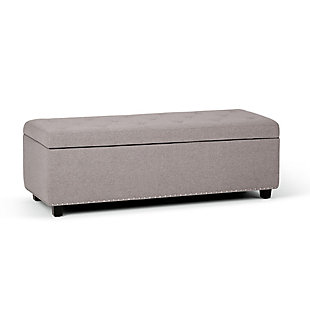 Why sacrifice function for beauty. When you are loo for a tasteful, well-made storage solution and extra seating, look no further than this storage ottoman. Made from linen look upholstery, it’s extra strong and sturdy with a tufted exterior and a storage interior. Whether you are using it as an eating surface, a storage unit or just to put your feet up, this ottoman is a pretty and practical piece of furniture.DIMENSIONS: 17.7" d x 48" w x 16" h | Hand constructed using solid wood, engineered wood and high density foam | Upholstered with a durable Cloud Grey Linen Look Fabric | Features interior storage space with child safety hinge to prevent lid slamming | Multi-functional ottoman can be used in bedroom, living room, family room, hallway as an entryway bench, foot stool, accent furniture or provide additional sitting | Transitional design includes tufted diamond detail and nail head trim | Simple assembly; just attach legs | We believe in creating excellent, high quality products made from the finest materials at an affordable price. Every one of our products come with a 1-year warranty and easy returns if you are not satisfied.