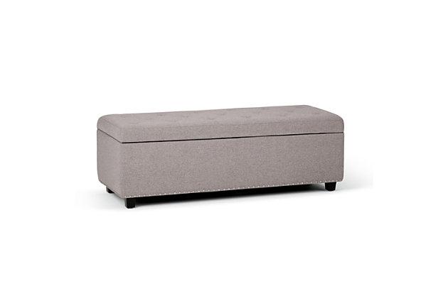 Why sacrifice function for beauty. When you are loo for a tasteful, well-made storage solution and extra seating, look no further than this storage ottoman. Made from linen look upholstery, it’s extra strong and sturdy with a tufted exterior and a storage interior. Whether you are using it as an eating surface, a storage unit or just to put your feet up, this ottoman is a pretty and practical piece of furniture.DIMENSIONS: 17.7" d x 48" w x 16" h | Hand constructed using solid wood, engineered wood and high density foam | Upholstered with a durable Cloud Grey Linen Look Fabric | Features interior storage space with child safety hinge to prevent lid slamming | Multi-functional ottoman can be used in bedroom, living room, family room, hallway as an entryway bench, foot stool, accent furniture or provide additional sitting | Transitional design includes tufted diamond detail and nail head trim | Simple assembly; just attach legs | We believe in creating excellent, high quality products made from the finest materials at an affordable price. Every one of our products come with a 1-year warranty and easy returns if you are not satisfied.