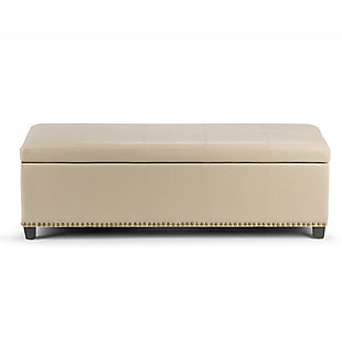 Why sacrifice function for beauty. When you are looking for a tasteful, well-made storage solution and extra seating, look no further than this storage ottoman. Made from durable bonded leather, it’s extra strong and sturdy with a stitched exterior and a large storage interior. Whether you are using it as an eating surface, a storage unit or just to put your feet up, this ottoman is a pretty and practical piece of furniture.Made of wood and engineered wood | Bonded leather upholstery | Nailhead trim | Child safety hinge to prevent slamming | Easy assembly required, simply attach feet