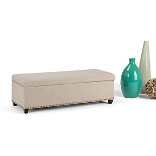 Why sacrifice function for beauty. When you are looking for a tasteful, well-made storage solution and extra seating, look no further than this storage ottoman. Made from durable faux linen, it’s extra strong and sturdy with a stitched exterior and a large storage interior. Whether you are using it as an eating surface, a storage unit or just to put your feet up, this ottoman is a pretty and practical piece of furniture.Made of wood and engineered wood | Polyester upholstery | Nailhead trim | Child safety hinge to prevent slamming | Easy assembly required, simply attach feet