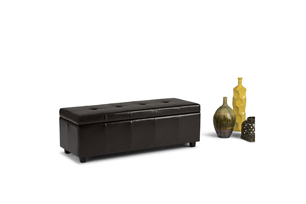 Why sacrifice function for beauty. When you are looking for a tasteful, well-made storage solution and extra seating, look no further than this storage ottoman. Covered in durable linen look upholstery, it’s extra strong and sturdy with a stitched exterior and a large storage interior. Whether you are using it as an eating surface, a storage unit or just to put your feet up, this ottoman is a pretty and practical piece of furniture.DIMENSIONS: 48"W x 17.7"D x 16.1"H | Hand constructed using solid wood, engineered wood and high density foam | Upholstered with a durable Coffee Brown Faux Leather | Features large interior storage space with child safety hinge to prevent lid slamming | Multi-functional ottoman can be used in bedroom, living room, family room, hallway as an entryway bench, foot stool, accent furniture or provide additional sitting | Contemporary design includes tufting on the lid and stitching detail | Simple assembly; just attach legs | We believe in creating excellent, high quality products made from the finest materials at an affordable price. Every one of our products come with a 1-year warranty and easy returns if you are not satisfied.