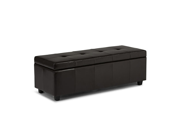 Why sacrifice function for beauty. When you are looking for a tasteful, well-made storage solution and extra seating, look no further than this storage ottoman. Covered in durable linen look upholstery, it’s extra strong and sturdy with a stitched exterior and a large storage interior. Whether you are using it as an eating surface, a storage unit or just to put your feet up, this ottoman is a pretty and practical piece of furniture.DIMENSIONS: 48"W x 17.7"D x 16.1"H | Hand constructed using solid wood, engineered wood and high density foam | Upholstered with a durable Coffee Brown Faux Leather | Features large interior storage space with child safety hinge to prevent lid slamming | Multi-functional ottoman can be used in bedroom, living room, family room, hallway as an entryway bench, foot stool, accent furniture or provide additional sitting | Contemporary design includes tufting on the lid and stitching detail | Simple assembly; just attach legs | We believe in creating excellent, high quality products made from the finest materials at an affordable price. Every one of our products come with a 1-year warranty and easy returns if you are not satisfied.