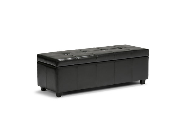 Why sacrifice function for beauty. When you are looking for a tasteful, well-made storage solution and extra seating, look no further than this storage ottoman. Made from durable bonded leather, it’s extra strong and sturdy with a stitched exterior and a large storage interior. Whether you are using it as an eating surface, a storage unit or just to put your feet up, this ottoman is a pretty and practical piece of furniture.DIMENSIONS: 48"W x 17.7"D x 16.1"H | Hand constructed using solid wood, engineered wood and high density foam | Upholstered with a durable Midnight Black Faux Leather | Features large interior storage space with child safety hinge to prevent lid slamming | Multi-functional ottoman can be used in bedroom, living room, family room, hallway as an entryway bench, foot stool, accent furniture or provide additional sitting | Contemporary design includes tufting on the lid and stitching detail | Simple assembly; just attach legs | We believe in creating excellent, high quality products made from the finest materials at an affordable price. Every one of our products come with a 1-year warranty and easy returns if you are not satisfied.