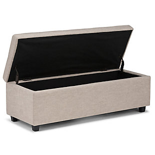 Why sacrifice function for beauty. When you are looking for a tasteful, well-made storage solution and extra seating, look no further than this storage ottoman. Made from durable bonded leather, it’s extra strong and sturdy with a stitched exterior and a large storage interior. Whether you are using it as an eating surface, a storage unit or just to put your feet up, this ottoman is a pretty and practical piece of furniture.DIMENSIONS: 48"W x 17.7"D x 16.1"H | Hand constructed using solid wood, engineered wood and high density foam | Upholstered with a durable Natural Linen Look Fabric | Features large interior storage space with child safety hinge to prevent lid slamming | Multi-functional ottoman can be used in bedroom, living room, family room, hallway as an entryway bench, foot stool, accent furniture or provide additional sitting | Contemporary design includes tufting on the lid and stitching detail | Simple assembly; just attach legs | We believe in creating excellent, high quality products made from the finest materials at an affordable price. Every one of our products come with a 1-year warranty and easy returns if you are not satisfied.