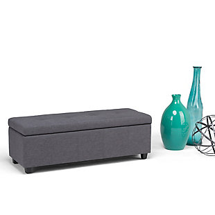 Why sacrifice function for beauty. When you are looking for a tasteful, well-made storage solution and extra seating, look no further than this storage ottoman. Covered in durable linen look upholstery, it’s extra strong and sturdy with a stitched exterior and a large storage interior. Whether you are using it as an eating surface, a storage unit or just to put your feet up, this ottoman is a pretty and practical piece of furniture.DIMENSIONS: 48"W x 17.7"D x 16.1"H | Hand constructed using solid wood, engineered wood and high density foam | Upholstered with a durable Slate Grey Linen Look Fabric | Features large interior storage space with child safety hinge to prevent lid slamming | Multi-functional ottoman can be used in bedroom, living room, family room, hallway as an entryway bench, foot stool, accent furniture or provide additional sitting | Contemporary design includes tufting on the lid and stitching detail | Simple assembly; just attach legs | We believe in creating excellent, high quality products made from the finest materials at an affordable price. Every one of our products come with a 1-year warranty and easy returns if you are not satisfied.