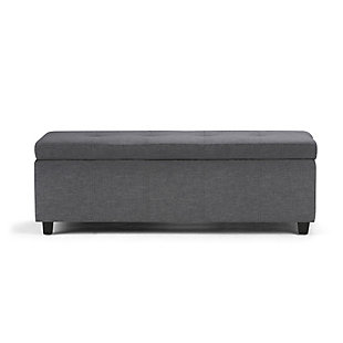 Why sacrifice function for beauty. When you are looking for a tasteful, well-made storage solution and extra seating, look no further than this storage ottoman. Covered in durable linen look upholstery, it’s extra strong and sturdy with a stitched exterior and a large storage interior. Whether you are using it as an eating surface, a storage unit or just to put your feet up, this ottoman is a pretty and practical piece of furniture.DIMENSIONS: 48"W x 17.7"D x 16.1"H | Hand constructed using solid wood, engineered wood and high density foam | Upholstered with a durable Slate Grey Linen Look Fabric | Features large interior storage space with child safety hinge to prevent lid slamming | Multi-functional ottoman can be used in bedroom, living room, family room, hallway as an entryway bench, foot stool, accent furniture or provide additional sitting | Contemporary design includes tufting on the lid and stitching detail | Simple assembly; just attach legs | We believe in creating excellent, high quality products made from the finest materials at an affordable price. Every one of our products come with a 1-year warranty and easy returns if you are not satisfied.