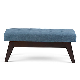 Why sacrifice function for beauty. When you are looking for extra seating, look no further than this ottoman bench. Covered in faux linen upholstery, it’s extra strong and sturdy with a cushioned seat and canted legs. Whether you are using it in your entryway, living room or bedroom, this bench is a pretty and practical piece of furniture.DIMENSIONS: 39.9"W x 18.1"D x 16.9"H | Hand constructed using solid wood, plywood, foam | Upholstered with a durable Denim Blue Linen Look fabric | Features tufted detail and solid wood ottoman base and legs | Multi-functional ottoman can be used in bedroom, living room, family room, hallway as an entryway bench or provide additional sitting | Mid Century Design | Assembly required | We believe in creating excellent, high quality products made from the finest materials at an affordable price. Every one of our products come with a 1-year warranty and easy returns if you are not satisfied.