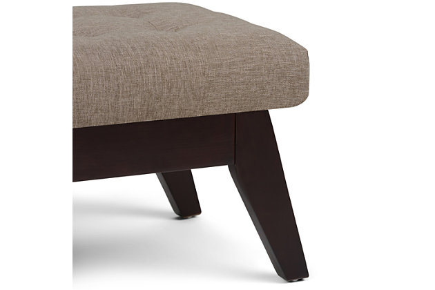 Why sacrifice function for beauty. When you are looking for extra seating, look no further than this ottoman bench. Covered in faux linen upholstery, it’s extra strong and sturdy with a cushioned seat and canted legs. Whether you are using it in your entryway, living room or bedroom, this bench is a pretty and practical piece of furniture.DIMENSIONS: 39.9"W x 18.1"D x 16.9"H | Hand constructed using solid wood, plywood, foam | Upholstered with Fawn Brown Linen Look Fabric | Features tufted detail and solid wood ottoman base and legs | Multi-functional ottoman can be used in bedroom, living room, family room, hallway as an entryway bench or provide additional sitting | Mid Century Design | Assembly required | We believe in creating excellent, high quality products made from the finest materials at an affordable price. Every one of our products come with a 1-year warranty and easy returns if you are not satisfied.