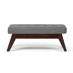 Why sacrifice function for beauty. When you are looking for extra seating, look no further than this ottoman bench. Covered in faux linen upholstery, it’s extra strong and sturdy with a cushioned seat and canted legs. Whether you are using it in your entryway, living room or bedroom, this bench is a pretty and practical piece of furniture.DIMENSIONS: 39.9"W x 18.1"D x 16.9"H | Hand constructed using solid wood, plywood, foam | Upholstered with Slate Grey Linen Look Fabric | Features tufted detail and solid wood ottoman base and legs | Multi-functional ottoman can be used in bedroom, living room, family room, hallway as an entryway bench or provide additional sitting | Mid Century Design | Assembly required | We believe in creating excellent, high quality products made from the finest materials at an affordable price. Every one of our products come with a 1-year warranty and easy returns if you are not satisfied.