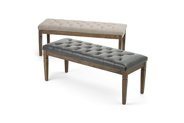 Why sacrifice function for beauty. When you are looking for extra seating, look no further than this ottoman bench. Covered in faux leather upholstery, it’s extra strong and sturdy with a cushioned seat and solid wood legs. Whether you are using it in your entryway, living room or bedroom, this bench is a pretty and practical piece of furniture.Made of wood and engineered wood | Faux leather upholstery | Solid wood frame and legs | Assembly required