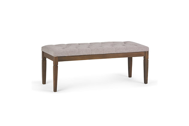 Why sacrifice function for beauty. When you are looking for extra seating, look no further than this ottoman bench. Covered in faux linen upholstery, it’s extra strong and sturdy with a cushioned seat and solid wood legs. Whether you are using it in your entryway, living room or bedroom, this bench is a pretty and practical piece of furniture.Made of metal and engineered wood | Polyester upholstery | Solid wood frame and legs | Assembly required