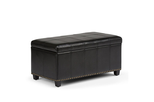 Why sacrifice function for beauty. When you are looking for a tasteful, well-made storage solution and extra seating, look no further than this storage ottoman. Made from durable faux leather, it’s extra strong and sturdy with a stitched exterior and a large storage interior. Whether you are using it as an eating surface, a storage unit or just to put your feet up, this ottoman is a pretty and practical piece of furniture.DIMENSIONS: 33.5” W x 18” D x 16.5”H | Hand constructed using solid wood, engineered wood and high density foam | Upholstered with a durable Midnight Black PU Faux Leather | Features large interior storage space with child safety hinge to prevent lid slamming | Multi-functional ottoman can be used in bedroom, living room, family room, hallway as an entryway bench, foot stool, accent furniture or provide additional sitting | Transitional design includes stitched detail and nailhead trim at the bottom | Simple assembly; just attach legs | We believe in creating excellent, high quality products made from the finest materials at an affordable price. Every one of our products come with a 1-year warranty and easy returns if you are not satisfied.