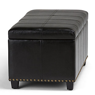 Why sacrifice function for beauty. When you are looking for a tasteful, well-made storage solution and extra seating, look no further than this storage ottoman. Made from durable faux leather, it’s extra strong and sturdy with a stitched exterior and a large storage interior. Whether you are using it as an eating surface, a storage unit or just to put your feet up, this ottoman is a pretty and practical piece of furniture.DIMENSIONS: 33.5” W x 18” D x 16.5”H | Hand constructed using solid wood, engineered wood and high density foam | Upholstered with a durable Midnight Black PU Faux Leather | Features large interior storage space with child safety hinge to prevent lid slamming | Multi-functional ottoman can be used in bedroom, living room, family room, hallway as an entryway bench, foot stool, accent furniture or provide additional sitting | Transitional design includes stitched detail and nailhead trim at the bottom | Simple assembly; just attach legs | We believe in creating excellent, high quality products made from the finest materials at an affordable price. Every one of our products come with a 1-year warranty and easy returns if you are not satisfied.