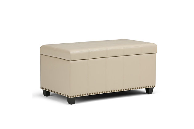 Why sacrifice function for beauty. When you are looking for a tasteful, well-made storage solution and extra seating, look no further than this storage ottoman. Made from durable faux leather, it’s extra strong and sturdy with a stitched exterior and a large storage interior. Whether you are using it as an eating surface, a storage unit or just to put your feet up, this ottoman is a pretty and practical piece of furniture.DIMENSIONS: 33.5” W x 18” D x 16.5”H | Hand constructed using solid wood, engineered wood and high density foam | Upholstered with a durable Satin Cream PU Faux Leather | Features large interior storage space with child safety hinge to prevent lid slamming | Multi-functional ottoman can be used in bedroom, living room, family room, hallway as an entryway bench, foot stool, accent furniture or provide additional sitting | Transitional design includes stitched detail and nailhead trim at the bottom | Simple assembly; just attach legs | We believe in creating excellent, high quality products made from the finest materials at an affordable price. Every one of our products come with a 1-year warranty and easy returns if you are not satisfied.
