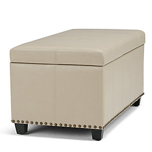 Why sacrifice function for beauty. When you are looking for a tasteful, well-made storage solution and extra seating, look no further than this storage ottoman. Made from durable faux leather, it’s extra strong and sturdy with a stitched exterior and a large storage interior. Whether you are using it as an eating surface, a storage unit or just to put your feet up, this ottoman is a pretty and practical piece of furniture.DIMENSIONS: 33.5” W x 18” D x 16.5”H | Hand constructed using solid wood, engineered wood and high density foam | Upholstered with a durable Satin Cream PU Faux Leather | Features large interior storage space with child safety hinge to prevent lid slamming | Multi-functional ottoman can be used in bedroom, living room, family room, hallway as an entryway bench, foot stool, accent furniture or provide additional sitting | Transitional design includes stitched detail and nailhead trim at the bottom | Simple assembly; just attach legs | We believe in creating excellent, high quality products made from the finest materials at an affordable price. Every one of our products come with a 1-year warranty and easy returns if you are not satisfied.