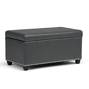 Why sacrifice function for beauty. When you are looking for a tasteful, well-made storage solution and extra seating, look no further than this storage ottoman. Made from durable faux leather, it’s extra strong and sturdy with a stitched exterior and a large storage interior. Whether you are using it as an eating surface, a storage unit or just to put your feet up, this ottoman is a pretty and practical piece of furniture.DIMENSIONS: 33.5” W x 18” D x 16.5”H | Hand constructed using solid wood, engineered wood and high density foam | Upholstered with a durable Stone Grey PU Faux Leather | Features large interior storage space with child safety hinge to prevent lid slamming | Multi-functional ottoman can be used in bedroom, living room, family room, hallway as an entryway bench, foot stool, accent furniture or provide additional sitting | Transitional design includes stitched detail and nailhead trim at the bottom | Simple assembly; just attach legs | We believe in creating excellent, high quality products made from the finest materials at an affordable price. Every one of our products come with a 1-year warranty and easy returns if you are not satisfied.