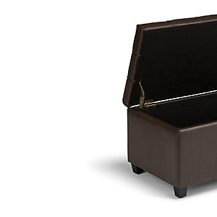 Why sacrifice function for beauty. When you are looking for a tasteful, well-made storage solution and extra seating, look no further than this storage ottoman. Made from durable faux leather, it’s extra strong and sturdy with a button-tufted exterior and a large storage interior. Whether you are using it as an eating surface, a storage unit or just to put your feet up, this ottoman is a pretty and practical piece of furniture.DIMENSIONS: 33.5” W x 18” D x 16.5”H | Hand constructed using solid wood, engineered wood and high density foam | Upholstered with a durable Chocolate Brown Faux Leather | Features large interior storage space with child safety hinge to prevent lid slamming | Multi-functional ottoman can be used in bedroom, living room, family room, hallway as an entryway bench, foot stool, accent furniture or provide additional sitting | Transitional design includes tufted stitched detailing | Simple assembly; just attach legs | We believe in creating excellent, high quality products made from the finest materials at an affordable price. Every one of our products come with a 1-year warranty and easy returns if you are not satisfied.