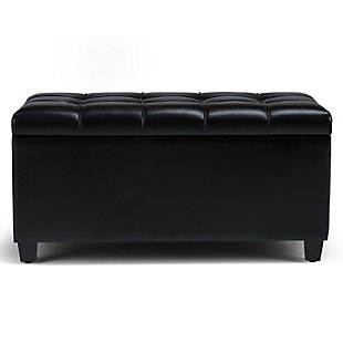 Why sacrifice function for beauty. When you are looking for a tasteful, well-made storage solution and extra seating, look no further than this storage ottoman. Made from durable faux leather, it’s extra strong and sturdy with a button-tufted exterior and a large storage interior. Whether you are using it as an eating surface, a storage unit or just to put your feet up, this ottoman is a pretty and practical piece of furniture.DIMENSIONS: 33.5” W x 18” D x 16.5”H | Hand constructed using solid wood, engineered wood and high density foam | Upholstered with a durable Midnight Black Faux Leather | Features large interior storage space with child safety hinge to prevent lid slamming | Multi-functional ottoman can be used in bedroom, living room, family room, hallway as an entryway bench, foot stool, accent furniture or provide additional sitting | Transitional design includes tufted stitched detailing | Simple assembly; just attach legs | We believe in creating excellent, high quality products made from the finest materials at an affordable price. Every one of our products come with a 1-year warranty and easy returns if you are not satisfied.