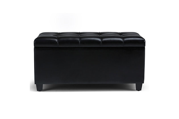 Why sacrifice function for beauty. When you are looking for a tasteful, well-made storage solution and extra seating, look no further than this storage ottoman. Made from durable faux leather, it’s extra strong and sturdy with a button-tufted exterior and a large storage interior. Whether you are using it as an eating surface, a storage unit or just to put your feet up, this ottoman is a pretty and practical piece of furniture.DIMENSIONS: 33.5” W x 18” D x 16.5”H | Hand constructed using solid wood, engineered wood and high density foam | Upholstered with a durable Midnight Black Faux Leather | Features large interior storage space with child safety hinge to prevent lid slamming | Multi-functional ottoman can be used in bedroom, living room, family room, hallway as an entryway bench, foot stool, accent furniture or provide additional sitting | Transitional design includes tufted stitched detailing | Simple assembly; just attach legs | We believe in creating excellent, high quality products made from the finest materials at an affordable price. Every one of our products come with a 1-year warranty and easy returns if you are not satisfied.