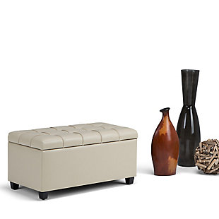Why sacrifice function for beauty. When you are loo for a tasteful, well-made storage solution and extra seating, look no further than this storage ottoman. Made from durable faux leather, it’s extra strong and sturdy with a button-tufted exterior and a storage interior. Whether you are using it as an eating surface, a storage unit or just to put your feet up, this ottoman is a pretty and practical piece of furniture.DIMENSIONS: 33.5” W x 18” D x 16.5”H | Hand constructed using solid wood, engineered wood and high density foam | Upholstered with a durable Satin Cream Faux Leather | Features interior storage space with child safety hinge to prevent lid slamming | Multi-functional ottoman can be used in bedroom, living room, family room, hallway as an entryway bench, foot stool, accent furniture or provide additional sitting | Transitional design includes tufted stitched detailing | Simple assembly; just attach legs | We believe in creating excellent, high quality products made from the finest materials at an affordable price. Every one of our products come with a 1-year warranty and easy returns if you are not satisfied.