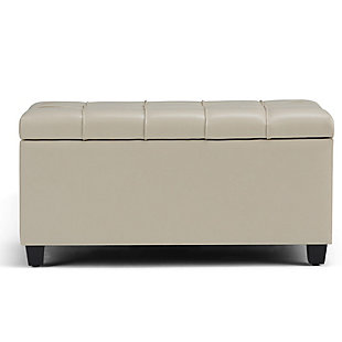 Why sacrifice function for beauty. When you are loo for a tasteful, well-made storage solution and extra seating, look no further than this storage ottoman. Made from durable faux leather, it’s extra strong and sturdy with a button-tufted exterior and a storage interior. Whether you are using it as an eating surface, a storage unit or just to put your feet up, this ottoman is a pretty and practical piece of furniture.DIMENSIONS: 33.5” W x 18” D x 16.5”H | Hand constructed using solid wood, engineered wood and high density foam | Upholstered with a durable Satin Cream Faux Leather | Features interior storage space with child safety hinge to prevent lid slamming | Multi-functional ottoman can be used in bedroom, living room, family room, hallway as an entryway bench, foot stool, accent furniture or provide additional sitting | Transitional design includes tufted stitched detailing | Simple assembly; just attach legs | We believe in creating excellent, high quality products made from the finest materials at an affordable price. Every one of our products come with a 1-year warranty and easy returns if you are not satisfied.