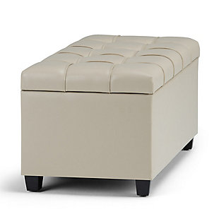 Why sacrifice function for beauty. When you are looking for a tasteful, well-made storage solution and extra seating, look no further than this storage ottoman. Made from durable faux leather, it’s extra strong and sturdy with a button-tufted exterior and a large storage interior. Whether you are using it as an eating surface, a storage unit or just to put your feet up, this ottoman is a pretty and practical piece of furniture.DIMENSIONS: 33.5” W x 18” D x 16.5”H | Hand constructed using solid wood, engineered wood and high density foam | Upholstered with a durable Satin Cream Faux Leather | Features large interior storage space with child safety hinge to prevent lid slamming | Multi-functional ottoman can be used in bedroom, living room, family room, hallway as an entryway bench, foot stool, accent furniture or provide additional sitting | Transitional design includes tufted stitched detailing | Simple assembly; just attach legs | We believe in creating excellent, high quality products made from the finest materials at an affordable price. Every one of our products come with a 1-year warranty and easy returns if you are not satisfied.