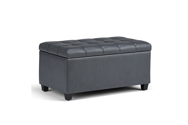 Why sacrifice function for beauty. When you are looking for a tasteful, well-made storage solution and extra seating, look no further than this storage ottoman. Made from durable faux leather, it’s extra strong and sturdy with a button-tufted exterior and a large storage interior. Whether you are using it as an eating surface, a storage unit or just to put your feet up, this ottoman is a pretty and practical piece of furniture.DIMENSIONS: 33.5” W x 18” D x 16.5”H | Hand constructed using solid wood, engineered wood and high density foam | Upholstered with a durable Stone Grey Faux Leather | Features large interior storage space with child safety hinge to prevent lid slamming | Multi-functional ottoman can be used in bedroom, living room, family room, hallway as an entryway bench, foot stool, accent furniture or provide additional sitting | Transitional design includes tufted stitched detailing | Simple assembly; just attach legs | We believe in creating excellent, high quality products made from the finest materials at an affordable price. Every one of our products come with a 1-year warranty and easy returns if you are not satisfied.