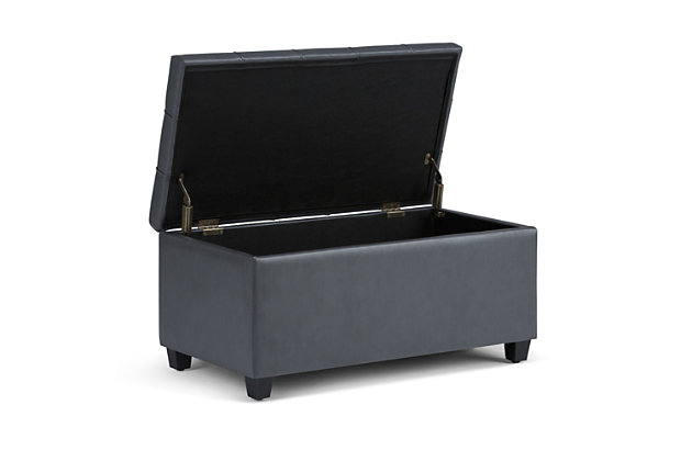 Why sacrifice function for beauty. When you are looking for a tasteful, well-made storage solution and extra seating, look no further than this storage ottoman. Made from durable faux leather, it’s extra strong and sturdy with a button-tufted exterior and a large storage interior. Whether you are using it as an eating surface, a storage unit or just to put your feet up, this ottoman is a pretty and practical piece of furniture.DIMENSIONS: 33.5” W x 18” D x 16.5”H | Hand constructed using solid wood, engineered wood and high density foam | Upholstered with a durable Stone Grey Faux Leather | Features large interior storage space with child safety hinge to prevent lid slamming | Multi-functional ottoman can be used in bedroom, living room, family room, hallway as an entryway bench, foot stool, accent furniture or provide additional sitting | Transitional design includes tufted stitched detailing | Simple assembly; just attach legs | We believe in creating excellent, high quality products made from the finest materials at an affordable price. Every one of our products come with a 1-year warranty and easy returns if you are not satisfied.