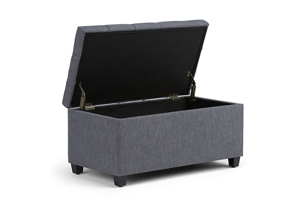 Why sacrifice function for beauty. When you are looking for a tasteful, well-made storage solution and extra seating, look no further than this storage ottoman. Made from durable faux linen upholstery, it’s extra strong and sturdy with a button-tufted exterior and a large storage interior. Whether you are using it as an eating surface, a storage unit or just to put your feet up, this ottoman is a pretty and practical piece of furniture.DIMENSIONS: 33.5” W x 18” D x 16.5”H | Hand constructed using solid wood, engineered wood and high density foam | Upholstered with a durable Slate Grey Linen Look Fabric | Features large interior storage space with child safety hinge to prevent lid slamming | Multi-functional ottoman can be used in bedroom, living room, family room, hallway as an entryway bench, foot stool, accent furniture or provide additional sitting | Transitional design includes tufted stitched detailing | Simple assembly; just attach legs | We believe in creating excellent, high quality products made from the finest materials at an affordable price. Every one of our products come with a 1-year warranty and easy returns if you are not satisfied.