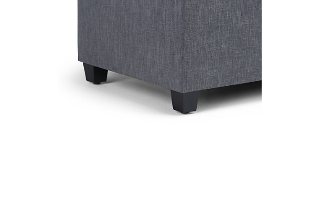 Why sacrifice function for beauty. When you are looking for a tasteful, well-made storage solution and extra seating, look no further than this storage ottoman. Made from durable faux linen upholstery, it’s extra strong and sturdy with a button-tufted exterior and a large storage interior. Whether you are using it as an eating surface, a storage unit or just to put your feet up, this ottoman is a pretty and practical piece of furniture.DIMENSIONS: 33.5” W x 18” D x 16.5”H | Hand constructed using solid wood, engineered wood and high density foam | Upholstered with a durable Slate Grey Linen Look Fabric | Features large interior storage space with child safety hinge to prevent lid slamming | Multi-functional ottoman can be used in bedroom, living room, family room, hallway as an entryway bench, foot stool, accent furniture or provide additional sitting | Transitional design includes tufted stitched detailing | Simple assembly; just attach legs | We believe in creating excellent, high quality products made from the finest materials at an affordable price. Every one of our products come with a 1-year warranty and easy returns if you are not satisfied.
