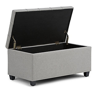 Why sacrifice function for beauty. When you are looking for a tasteful, well-made storage solution and extra seating, look no further than this storage ottoman. Made from durable faux linen upholstery, it’s extra strong and sturdy with a button-tufted exterior and a large storage interior. Whether you are using it as an eating surface, a storage unit or just to put your feet up, this ottoman is a pretty and practical piece of furniture.DIMENSIONS: 33.5” W x 18” D x 16.5”H | Hand constructed using solid wood, engineered wood and high density foam | Upholstered with a durable Dove Grey Linen Look Fabric | Features large interior storage space with child safety hinge to prevent lid slamming | Multi-functional ottoman can be used in bedroom, living room, family room, hallway as an entryway bench, foot stool, accent furniture or provide additional sitting | Transitional design includes tufted stitched detailing | Simple assembly; just attach legs | We believe in creating excellent, high quality products made from the finest materials at an affordable price. Every one of our products come with a 1-year warranty and easy returns if you are not satisfied.