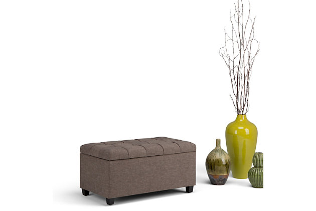 Why sacrifice function for beauty. When you are looking for a tasteful, well-made storage solution and extra seating, look no further than this storage ottoman. Made from durable faux linen upholstery, it’s extra strong and sturdy with a button-tufted exterior and a large storage interior. Whether you are using it as an eating surface, a storage unit or just to put your feet up, this ottoman is a pretty and practical piece of furniture.DIMENSIONS: 33.5” W x 18” D x 16.5”H | Hand constructed using solid wood, engineered wood and high density foam | Upholstered with a durable Fawn Brown Linen Look Fabric | Features large interior storage space with child safety hinge to prevent lid slamming | Multi-functional ottoman can be used in bedroom, living room, family room, hallway as an entryway bench, foot stool, accent furniture or provide additional sitting | Transitional design includes tufted stitched detailing | Simple assembly; just attach legs | We believe in creating excellent, high quality products made from the finest materials at an affordable price. Every one of our products come with a 1-year warranty and easy returns if you are not satisfied.
