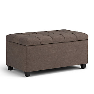 Why sacrifice function for beauty. When you are looking for a tasteful, well-made storage solution and extra seating, look no further than this storage ottoman. Made from durable faux linen upholstery, it’s extra strong and sturdy with a button-tufted exterior and a large storage interior. Whether you are using it as an eating surface, a storage unit or just to put your feet up, this ottoman is a pretty and practical piece of furniture.DIMENSIONS: 33.5” W x 18” D x 16.5”H | Hand constructed using solid wood, engineered wood and high density foam | Upholstered with a durable Fawn Brown Linen Look Fabric | Features large interior storage space with child safety hinge to prevent lid slamming | Multi-functional ottoman can be used in bedroom, living room, family room, hallway as an entryway bench, foot stool, accent furniture or provide additional sitting | Transitional design includes tufted stitched detailing | Simple assembly; just attach legs | We believe in creating excellent, high quality products made from the finest materials at an affordable price. Every one of our products come with a 1-year warranty and easy returns if you are not satisfied.