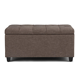 Why sacrifice function for beauty. When you are loo for a tasteful, well-made storage solution and extra seating, look no further than this storage ottoman. Made from durable faux linen upholstery, it’s extra strong and sturdy with a button-tufted exterior and a storage interior. Whether you are using it as an eating surface, a storage unit or just to put your feet up, this ottoman is a pretty and practical piece of furniture.DIMENSIONS: 33.5” W x 18” D x 16.5”H | Hand constructed using solid wood, engineered wood and high density foam | Upholstered with a durable Fawn Brown Linen Look Fabric | Features interior storage space with child safety hinge to prevent lid slamming | Multi-functional ottoman can be used in bedroom, living room, family room, hallway as an entryway bench, foot stool, accent furniture or provide additional sitting | Transitional design includes tufted stitched detailing | Simple assembly; just attach legs | We believe in creating excellent, high quality products made from the finest materials at an affordable price. Every one of our products come with a 1-year warranty and easy returns if you are not satisfied.