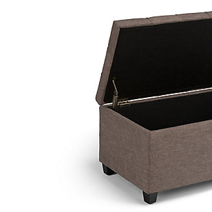 Why sacrifice function for beauty. When you are loo for a tasteful, well-made storage solution and extra seating, look no further than this storage ottoman. Made from durable faux linen upholstery, it’s extra strong and sturdy with a button-tufted exterior and a storage interior. Whether you are using it as an eating surface, a storage unit or just to put your feet up, this ottoman is a pretty and practical piece of furniture.DIMENSIONS: 33.5” W x 18” D x 16.5”H | Hand constructed using solid wood, engineered wood and high density foam | Upholstered with a durable Fawn Brown Linen Look Fabric | Features interior storage space with child safety hinge to prevent lid slamming | Multi-functional ottoman can be used in bedroom, living room, family room, hallway as an entryway bench, foot stool, accent furniture or provide additional sitting | Transitional design includes tufted stitched detailing | Simple assembly; just attach legs | We believe in creating excellent, high quality products made from the finest materials at an affordable price. Every one of our products come with a 1-year warranty and easy returns if you are not satisfied.