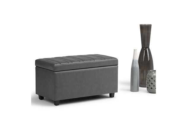 Why sacrifice function for beauty. When you are looking for a tasteful, well-made storage solution and extra seating, look no further than this storage ottoman. Made from durable faux leather, it’s extra strong and sturdy with a stitched exterior and a large storage interior. Whether you are using it as an eating surface, a storage unit or just to put your feet up, this ottoman is a pretty and practical piece of furniture.Made of wood and engineered wood | Faux leather upholstery | Easy assembly required, simply attach feet